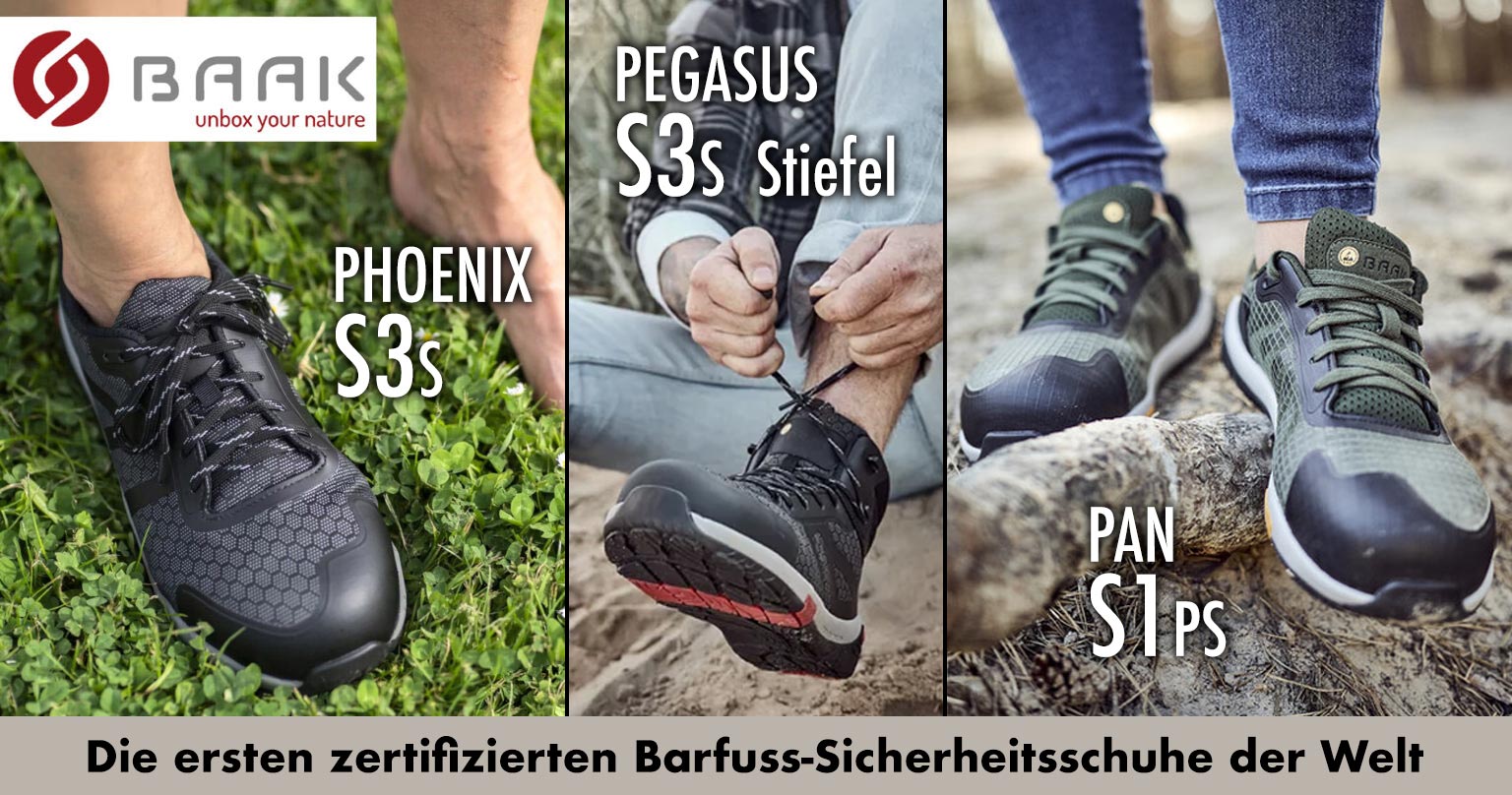 Baak zertifizierte Barfuss Sicherheitsschuhe Arbeitsschuhe: Pan S1, Phoenix S3s, Pegasus S3S
